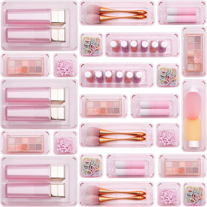 Kitchen Desk Drawer Organizers Storage for Office, Small Acrylic Vanity Trays Makeup Organizer for Drawer Bathroom Plastic Make up Organizers 25 Pcs Pink