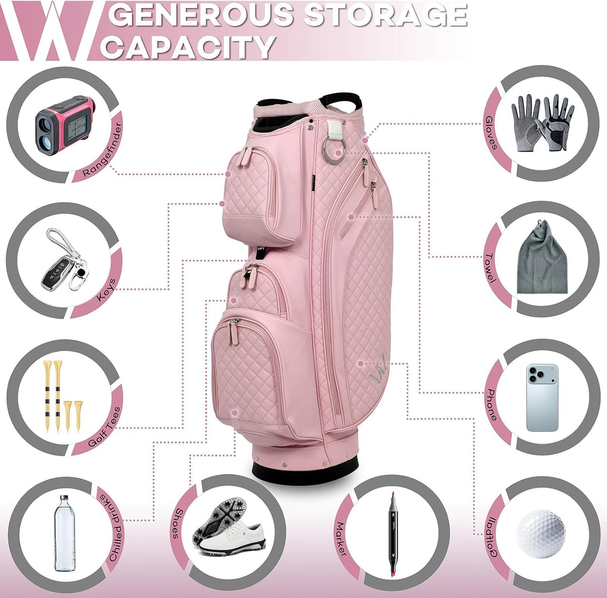 Luxury Womens Golf Bag, PU Leather Golf Cart Bag with Dual Handles for Women/Ladies, 14-Way Full-Length Top Dividers, Large Putter Well, Ultra Lightweight, Large Pockets for Accessories