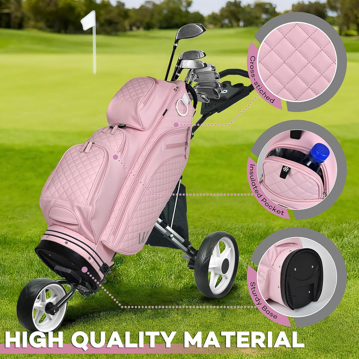 Luxury Womens Golf Bag, PU Leather Golf Cart Bag with Dual Handles for Women/Ladies, 14-Way Full-Length Top Dividers, Large Putter Well, Ultra Lightweight, Large Pockets for Accessories