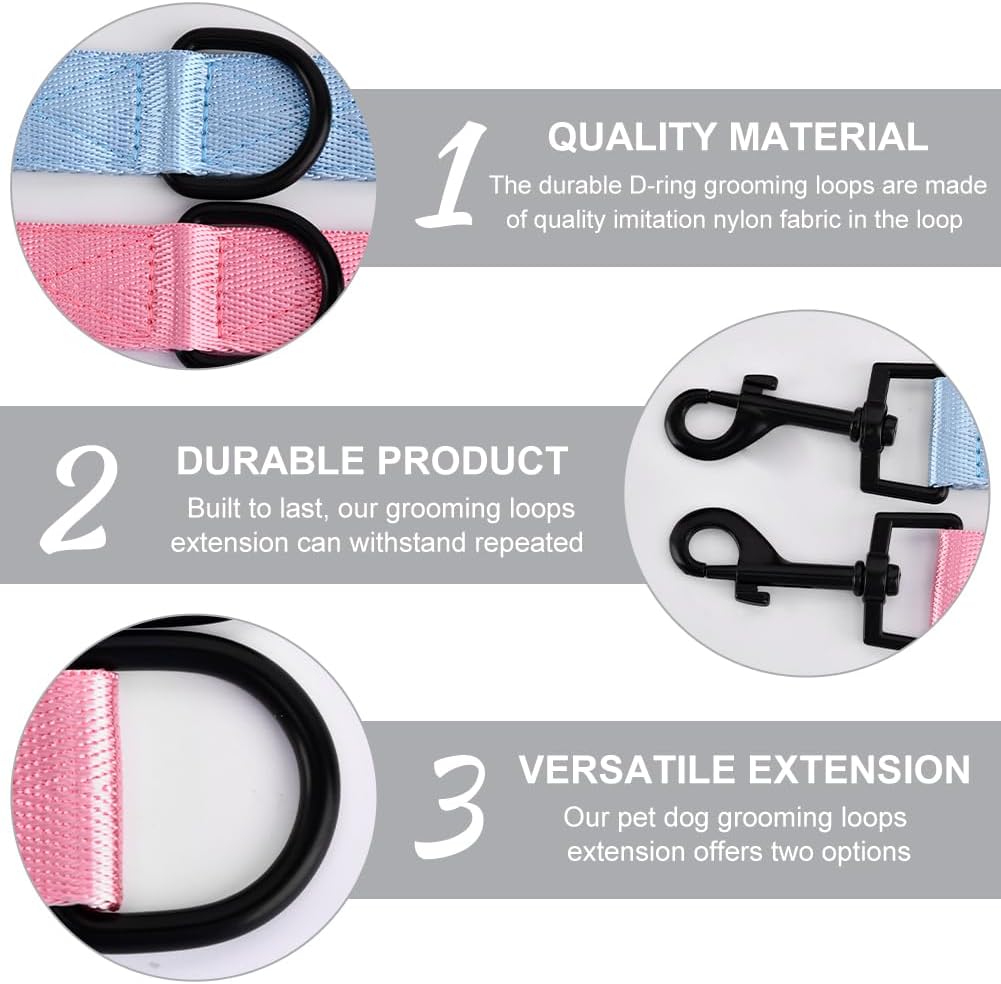 2pcs Dog Grooming Extension Strap with 4 D-Ring and 6 D-Ring Grooming Loops Adjustable Extender Straps Quick Release Pet Dog Leashes for Grooming(Color:Blue Pink)