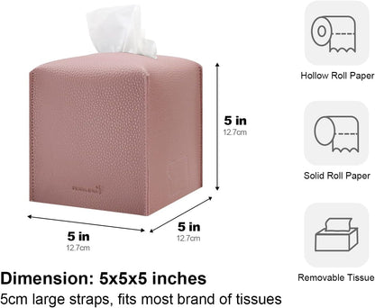 Tissue Box Cover 5X5X5'' PU Leather Tissue Holder Square Tissue Cube Box Organizer for Bathroom Vanity Countertop, Car, Night Stands, Office, Home, Kitchen (1Pack, Pretty Pink)
