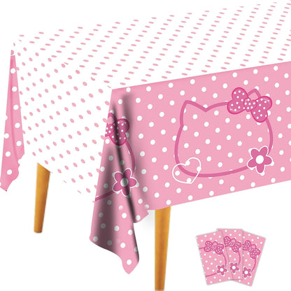 3CT Pink Bow Kittens Party Supplies Tablecover, Cute Kitten Dot Tablecloth, Rectangle Disposable 54×108in White Pink Stainproof Party Decor for Girls’Birthday, Baby Shower, Wedding, Bachelor