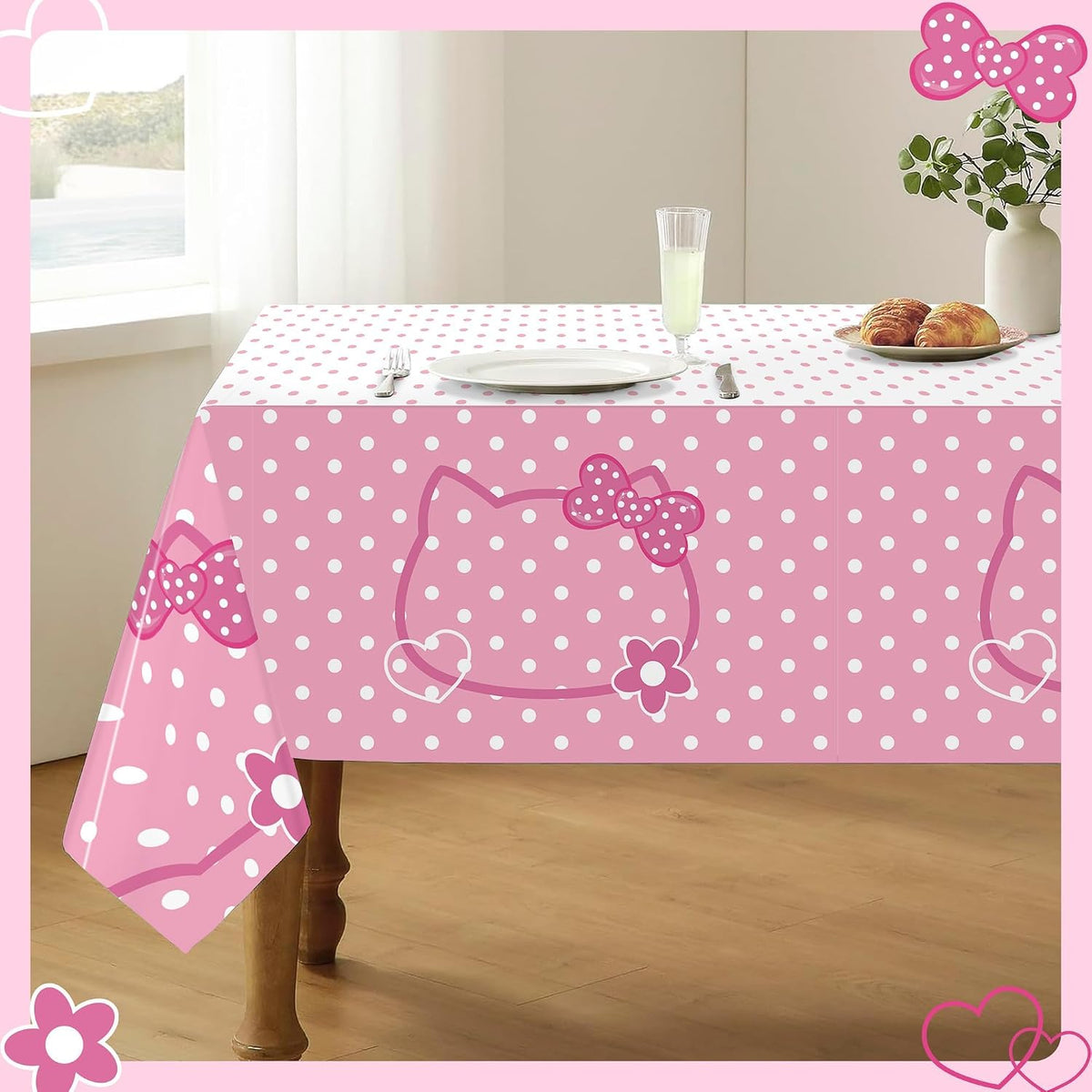 3CT Pink Bow Kittens Party Supplies Tablecover, Cute Kitten Dot Tablecloth, Rectangle Disposable 54×108in White Pink Stainproof Party Decor for Girls’Birthday, Baby Shower, Wedding, Bachelor