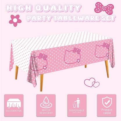 3CT Pink Bow Kittens Party Supplies Tablecover, Cute Kitten Dot Tablecloth, Rectangle Disposable 54×108in White Pink Stainproof Party Decor for Girls’Birthday, Baby Shower, Wedding, Bachelor