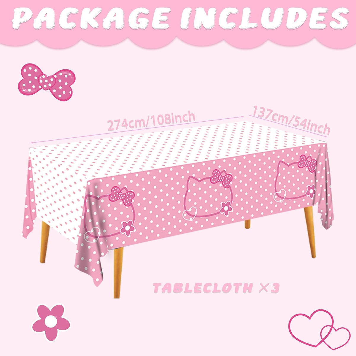 3CT Pink Bow Kittens Party Supplies Tablecover, Cute Kitten Dot Tablecloth, Rectangle Disposable 54×108in White Pink Stainproof Party Decor for Girls’Birthday, Baby Shower, Wedding, Bachelor