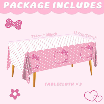 3CT Pink Bow Kittens Party Supplies Tablecover, Cute Kitten Dot Tablecloth, Rectangle Disposable 54×108in White Pink Stainproof Party Decor for Girls’Birthday, Baby Shower, Wedding, Bachelor