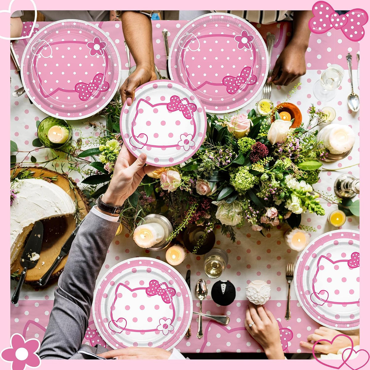 3CT Pink Bow Kittens Party Supplies Tablecover, Cute Kitten Dot Tablecloth, Rectangle Disposable 54×108in White Pink Stainproof Party Decor for Girls’Birthday, Baby Shower, Wedding, Bachelor