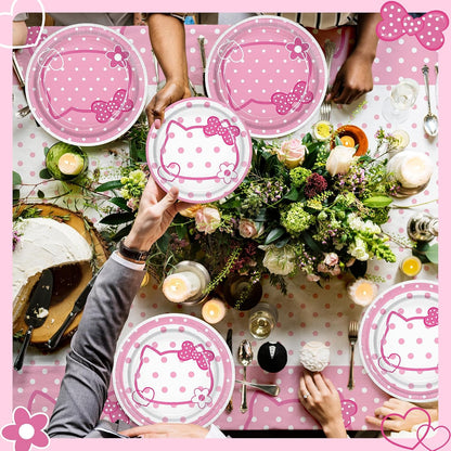 3CT Pink Bow Kittens Party Supplies Tablecover, Cute Kitten Dot Tablecloth, Rectangle Disposable 54×108in White Pink Stainproof Party Decor for Girls’Birthday, Baby Shower, Wedding, Bachelor