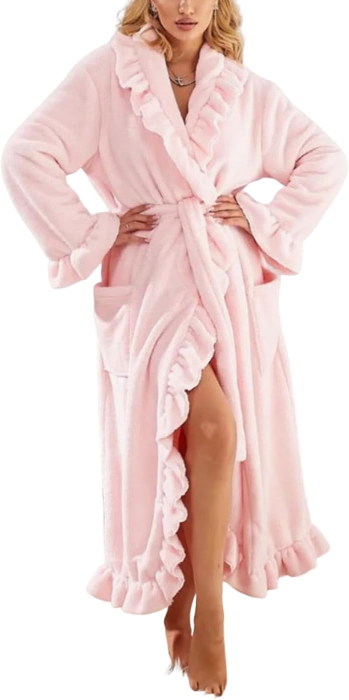 Women's Flannel Robe Fuzzy Soft Ruffle Ankle Length Fleece Robes Fashion Long Sleeve Sleepwear with Side Pockets