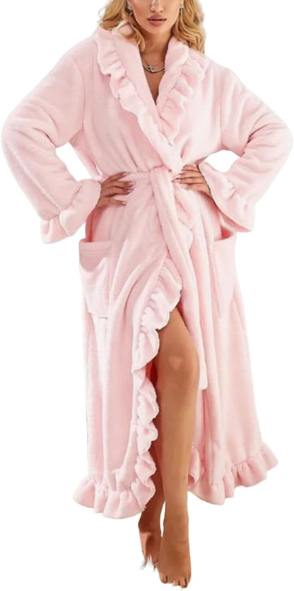 Women's Flannel Robe Fuzzy Soft Ruffle Ankle Length Fleece Robes Fashion Long Sleeve Sleepwear with Side Pockets
