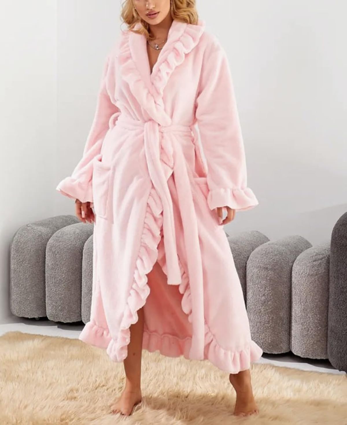 Women's Flannel Robe Fuzzy Soft Ruffle Ankle Length Fleece Robes Fashion Long Sleeve Sleepwear with Side Pockets