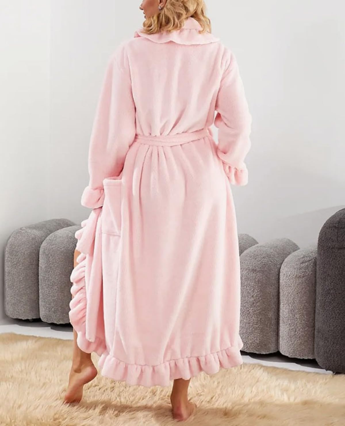 Women's Flannel Robe Fuzzy Soft Ruffle Ankle Length Fleece Robes Fashion Long Sleeve Sleepwear with Side Pockets
