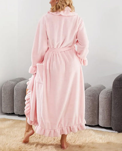 Women's Flannel Robe Fuzzy Soft Ruffle Ankle Length Fleece Robes Fashion Long Sleeve Sleepwear with Side Pockets