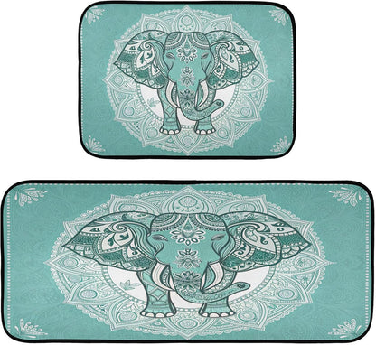 Boho Elephant Kitchen Rug and Mat Set of 2, Absorbent Washable Non Skid Comfort Standing Floor Mat for Kitchen Bathroom Living Room Sink Laundry