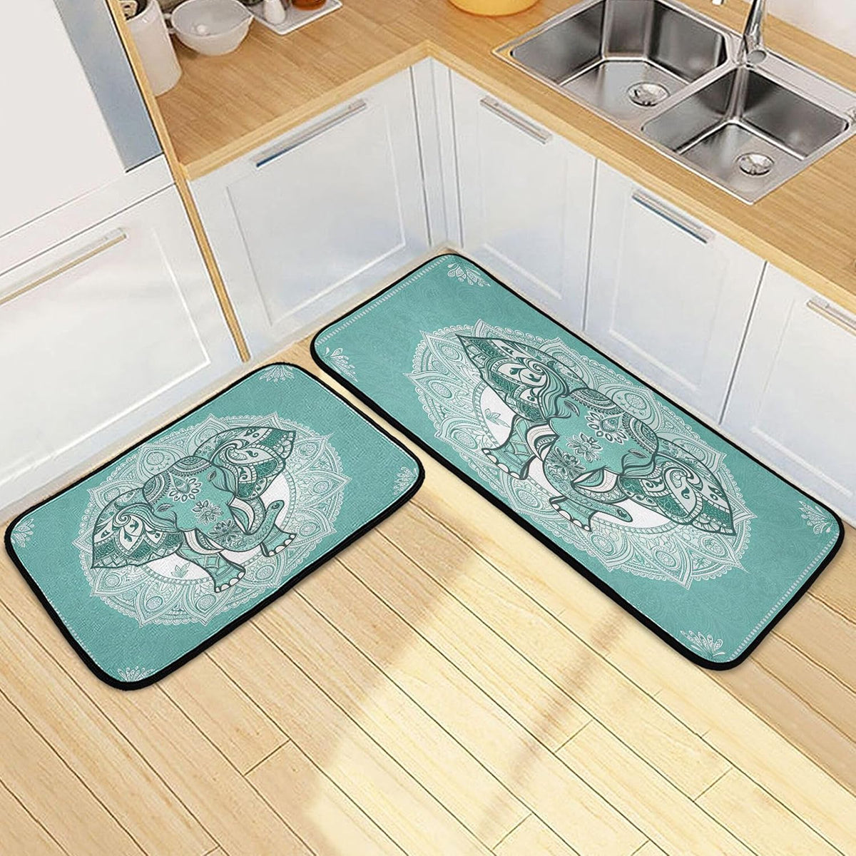 Boho Elephant Kitchen Rug and Mat Set of 2, Absorbent Washable Non Skid Comfort Standing Floor Mat for Kitchen Bathroom Living Room Sink Laundry