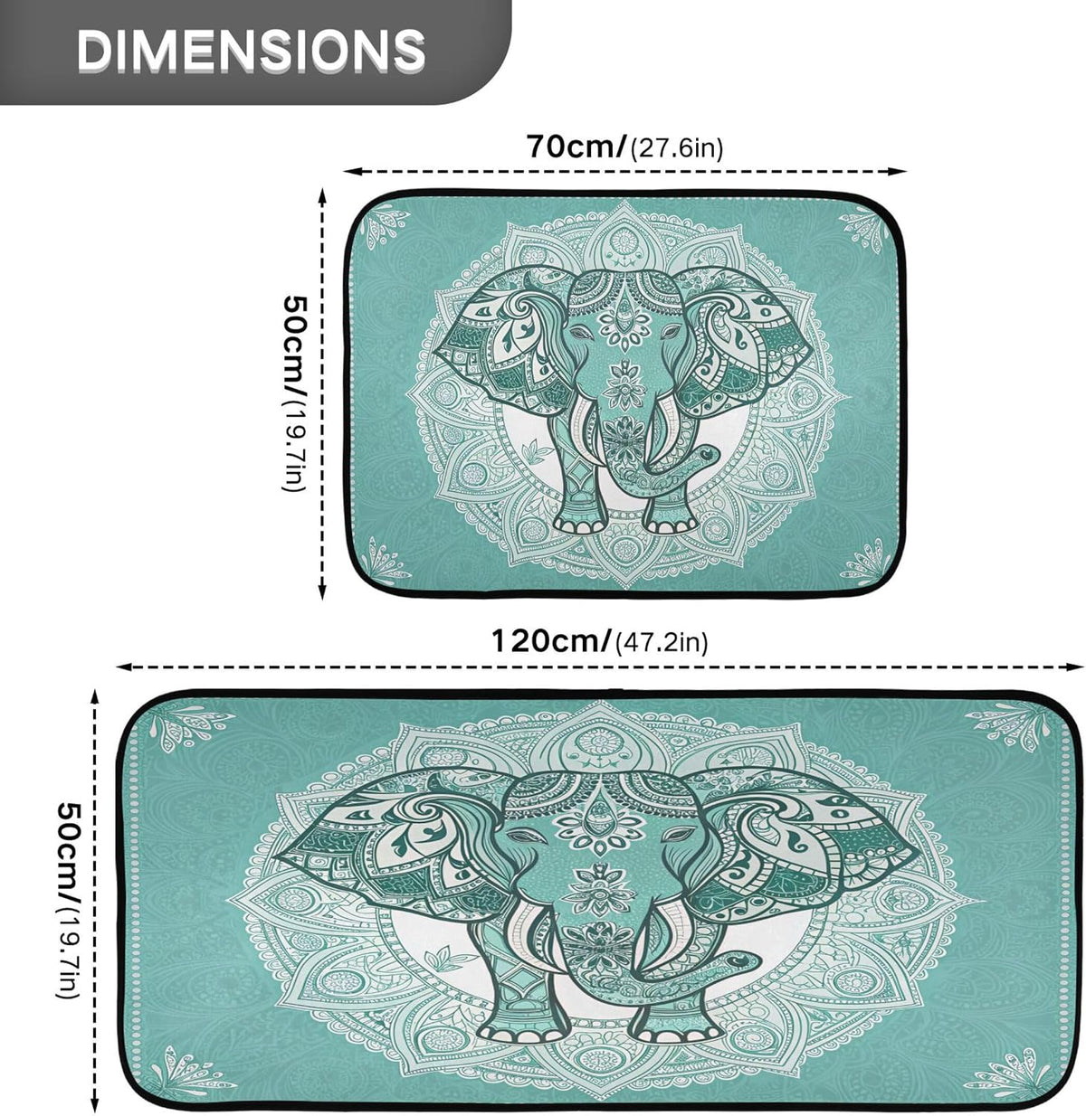Boho Elephant Kitchen Rug and Mat Set of 2, Absorbent Washable Non Skid Comfort Standing Floor Mat for Kitchen Bathroom Living Room Sink Laundry