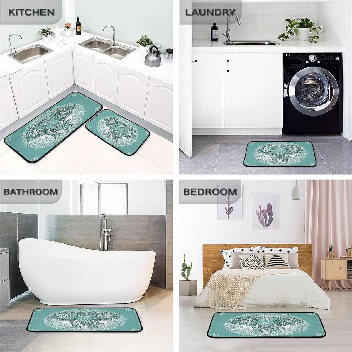 Boho Elephant Kitchen Rug and Mat Set of 2, Absorbent Washable Non Skid Comfort Standing Floor Mat for Kitchen Bathroom Living Room Sink Laundry