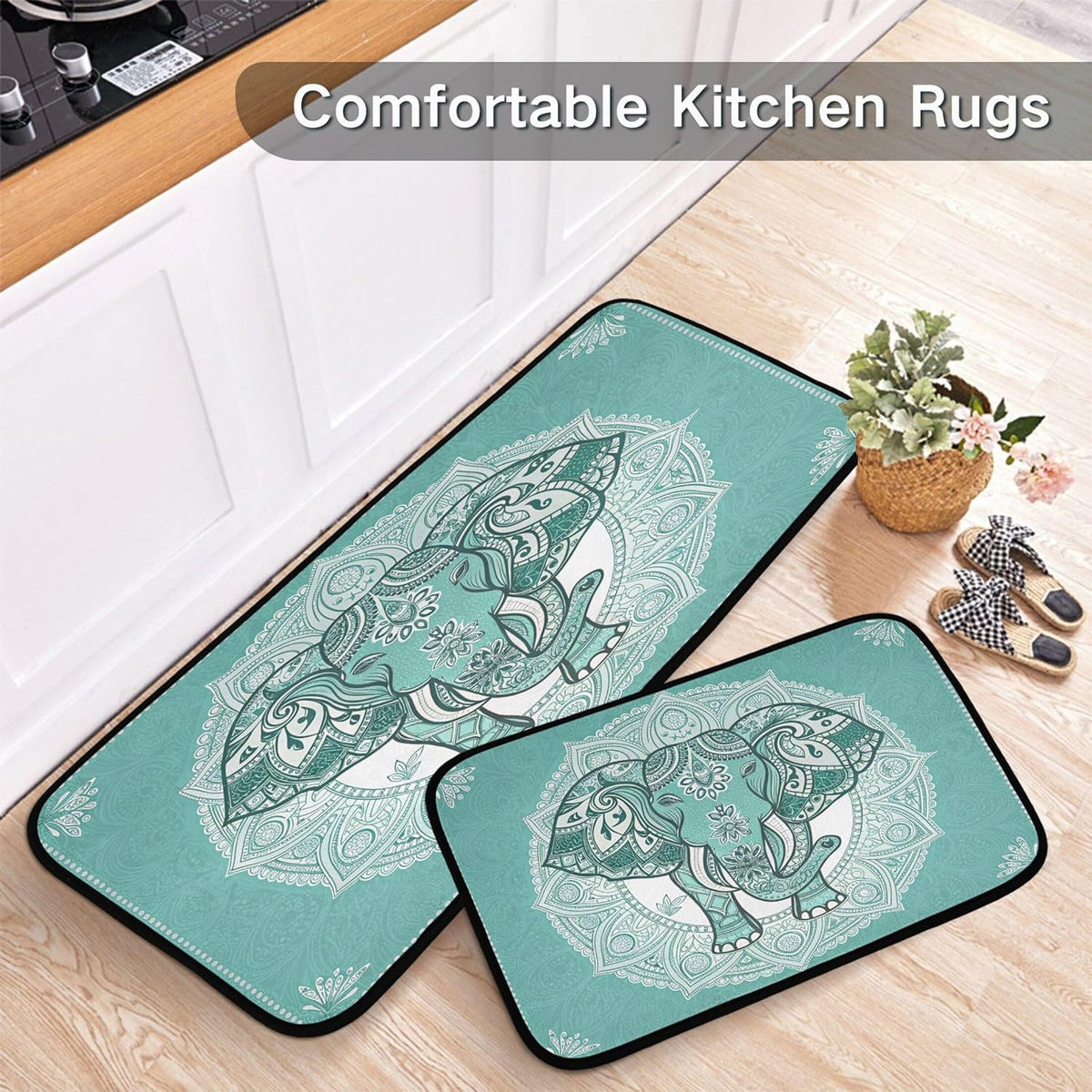 Boho Elephant Kitchen Rug and Mat Set of 2, Absorbent Washable Non Skid Comfort Standing Floor Mat for Kitchen Bathroom Living Room Sink Laundry