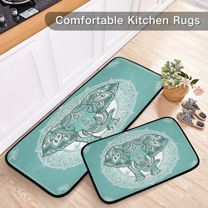 Boho Elephant Kitchen Rug and Mat Set of 2, Absorbent Washable Non Skid Comfort Standing Floor Mat for Kitchen Bathroom Living Room Sink Laundry