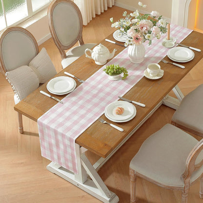 Pink Checkered Table Runner, Cotton Linen Gingham Table Runners, Classic Buffalo Plaid Farmhouse Fall Table Decor, 13x72 Inches