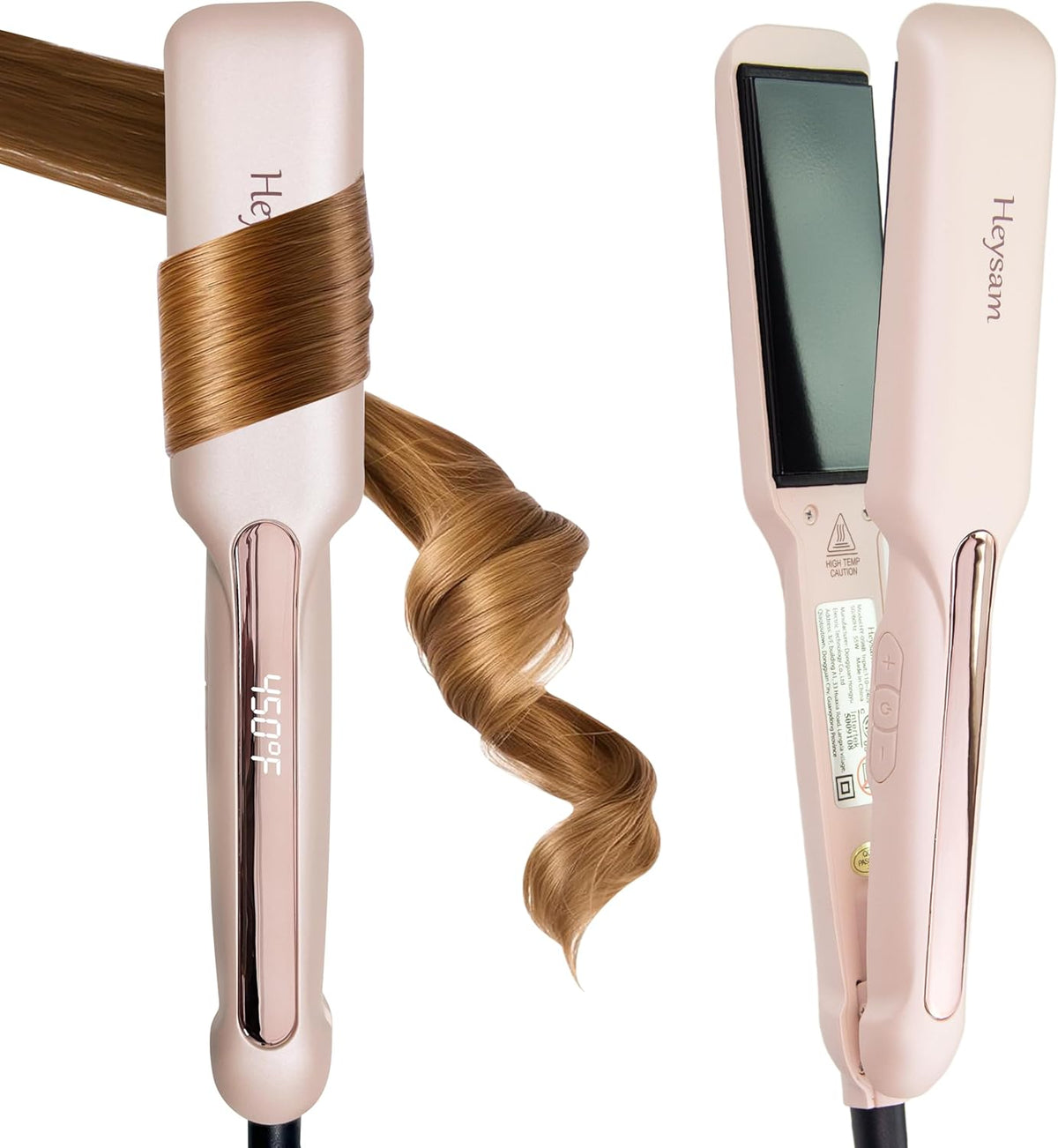 Heysam Titanium Flat Iron Hair Straightener and Curler 2 in 1, Dual Voltage Hair Straightener for Thick Hair, Travel Ionic Straightening Wide 1.6-Inch, Fast Heating, Smooth & Frizzy, Pink