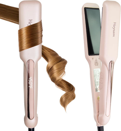 Heysam Titanium Flat Iron Hair Straightener and Curler 2 in 1, Dual Voltage Hair Straightener for Thick Hair, Travel Ionic Straightening Wide 1.6-Inch, Fast Heating, Smooth & Frizzy, Pink