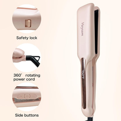 Heysam Titanium Flat Iron Hair Straightener and Curler 2 in 1, Dual Voltage Hair Straightener for Thick Hair, Travel Ionic Straightening Wide 1.6-Inch, Fast Heating, Smooth & Frizzy, Pink