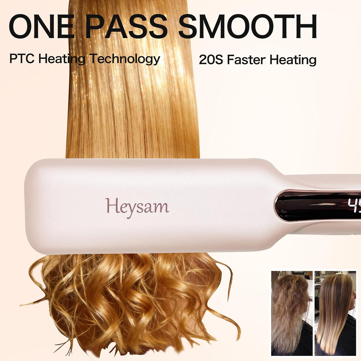 Heysam Titanium Flat Iron Hair Straightener and Curler 2 in 1, Dual Voltage Hair Straightener for Thick Hair, Travel Ionic Straightening Wide 1.6-Inch, Fast Heating, Smooth & Frizzy, Pink