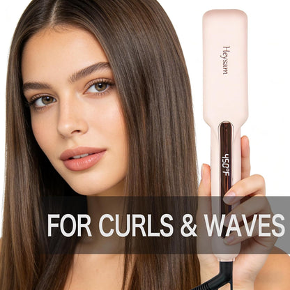 Heysam Titanium Flat Iron Hair Straightener and Curler 2 in 1, Dual Voltage Hair Straightener for Thick Hair, Travel Ionic Straightening Wide 1.6-Inch, Fast Heating, Smooth & Frizzy, Pink