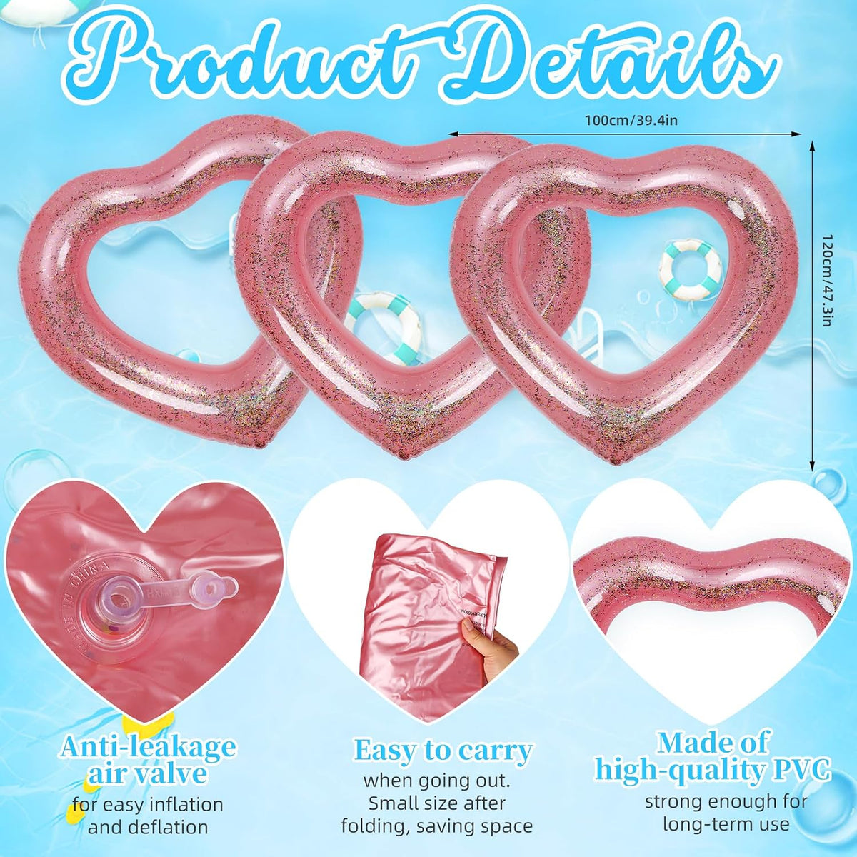 3 Pieces Inflatable Heart Pool Float, Glitter Inflatable Swim Rings Bachelorette Party Pool Float Tube, Heart Shaped Summer Swimming Ring, Water Beach Party for Adults
