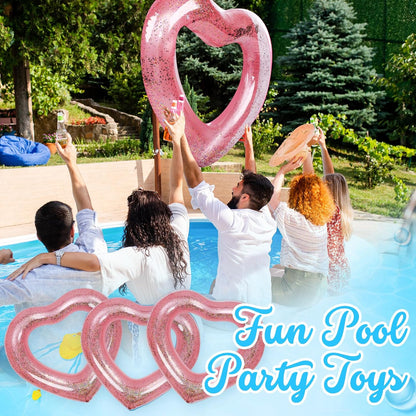 3 Pieces Inflatable Heart Pool Float, Glitter Inflatable Swim Rings Bachelorette Party Pool Float Tube, Heart Shaped Summer Swimming Ring, Water Beach Party for Adults