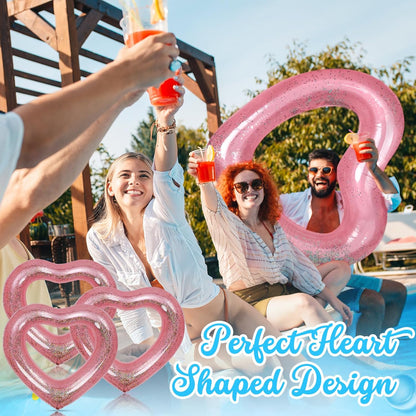 3 Pieces Inflatable Heart Pool Float, Glitter Inflatable Swim Rings Bachelorette Party Pool Float Tube, Heart Shaped Summer Swimming Ring, Water Beach Party for Adults