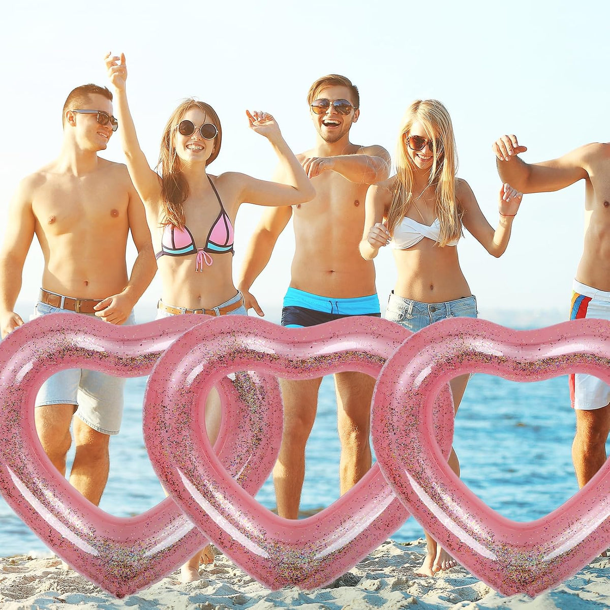 3 Pieces Inflatable Heart Pool Float, Glitter Inflatable Swim Rings Bachelorette Party Pool Float Tube, Heart Shaped Summer Swimming Ring, Water Beach Party for Adults