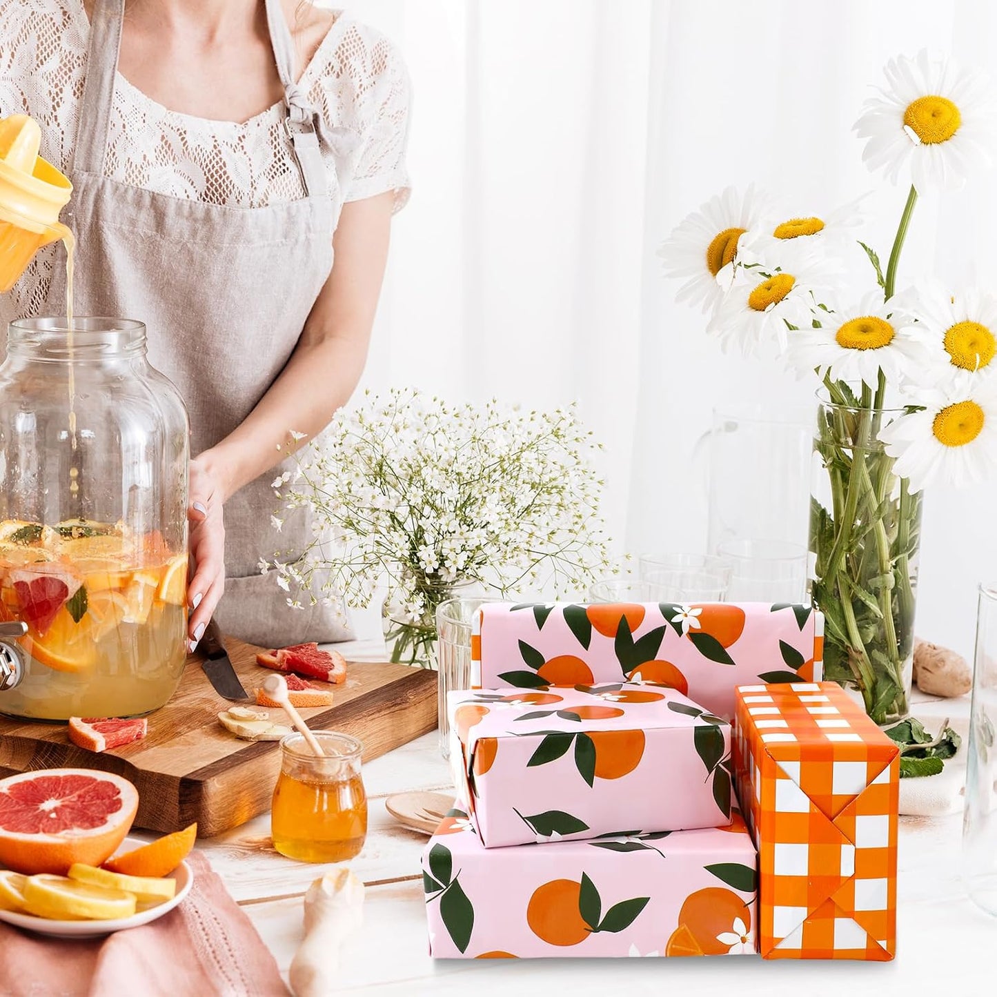 Little Cutie Plaid Wrapping Paper -Mini Roll- 17 In x 32.8 Ft Orange Fruit Flower Pink White Gift Wrap Paper Double Printed for DIY Crafts Summer Birthday Party Packing Supplies