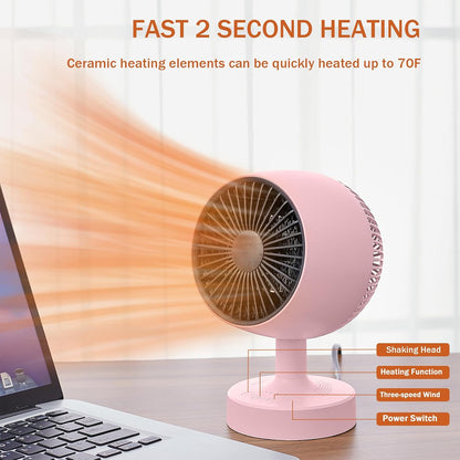 Space Heater,Small Space Heater,1200W Desk Heater for Office,160° Lateral Auto Oscillating,3 Gears Adjustable,PTC Ceramic Heating,Tip-over & Overheat Protection,Fast Heating, Hot And Cold Air Pink