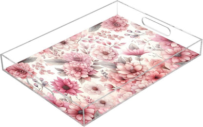 Pink Flowers Serving Tray 12" x 16" Acrylic Trays with Handles Decorative Serving Platter for Coffee, Breakfast in Bed, Dinner, Appetizers, Patio, Party