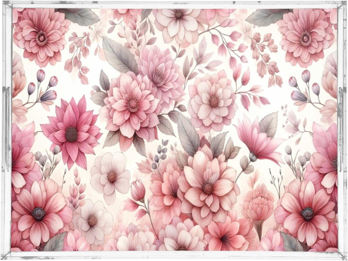 Pink Flowers Serving Tray 12" x 16" Acrylic Trays with Handles Decorative Serving Platter for Coffee, Breakfast in Bed, Dinner, Appetizers, Patio, Party
