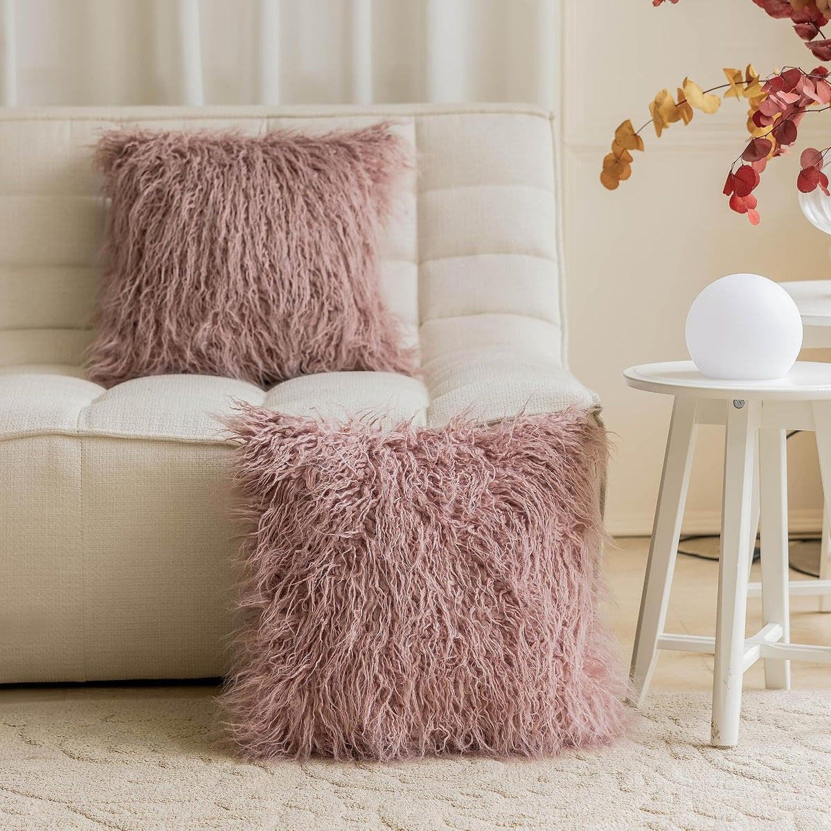Dusty Rose Pillow Covers 18x18 Pillows Fluffy Fuzzy Fur Pillow Covers Set of 2 Shaggy Cushion Cover 18 x 18 inch, Dusty Pink