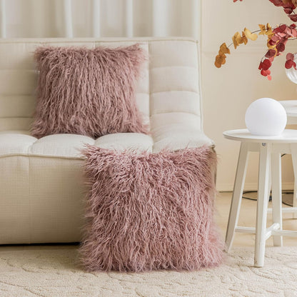 Dusty Rose Pillow Covers 18x18 Pillows Fluffy Fuzzy Fur Pillow Covers Set of 2 Shaggy Cushion Cover 18 x 18 inch, Dusty Pink