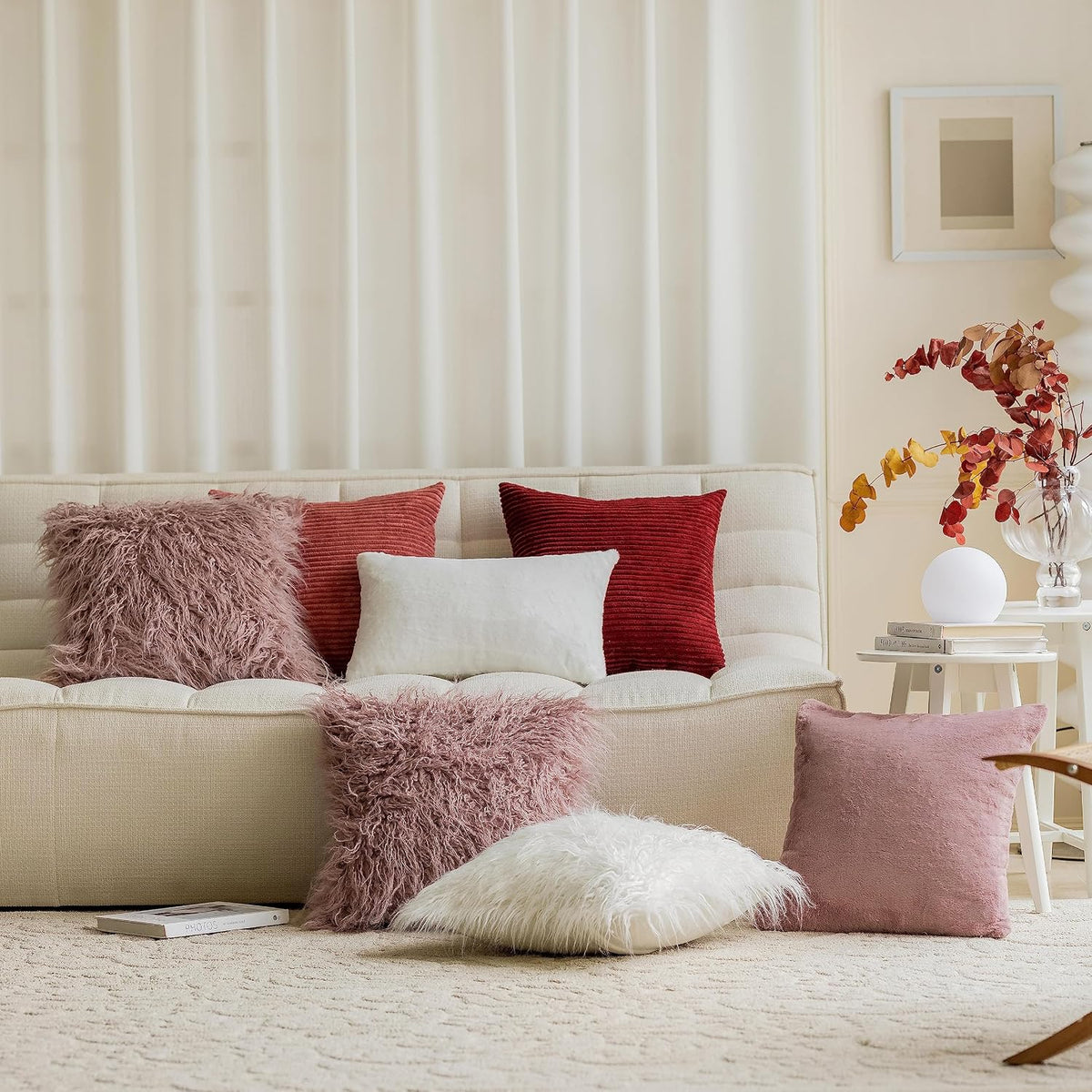 Dusty Rose Pillow Covers 18x18 Pillows Fluffy Fuzzy Fur Pillow Covers Set of 2 Shaggy Cushion Cover 18 x 18 inch, Dusty Pink