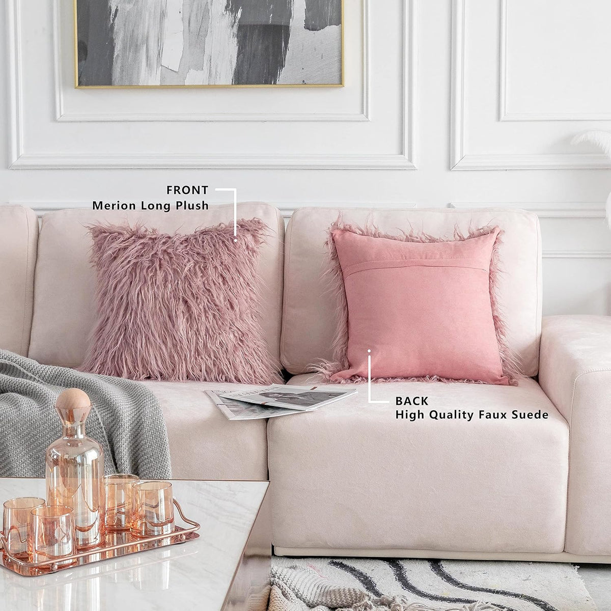 Dusty Rose Pillow Covers 18x18 Pillows Fluffy Fuzzy Fur Pillow Covers Set of 2 Shaggy Cushion Cover 18 x 18 inch, Dusty Pink