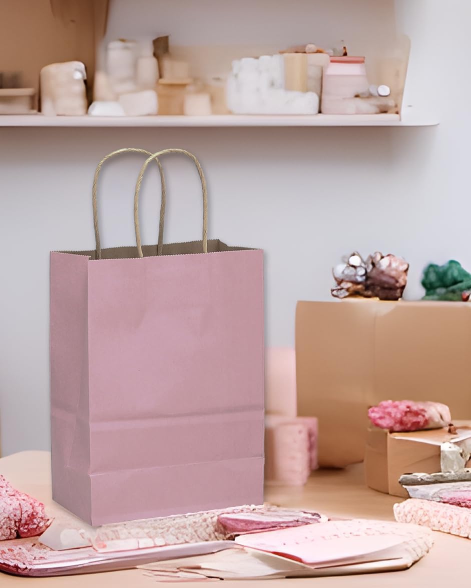 qiqee 32pcs Light Pink Paper Gift Bags 10.8"x8.3"x4.3" Medium Size with Handles Bulk Gift Bags Multiple Uses