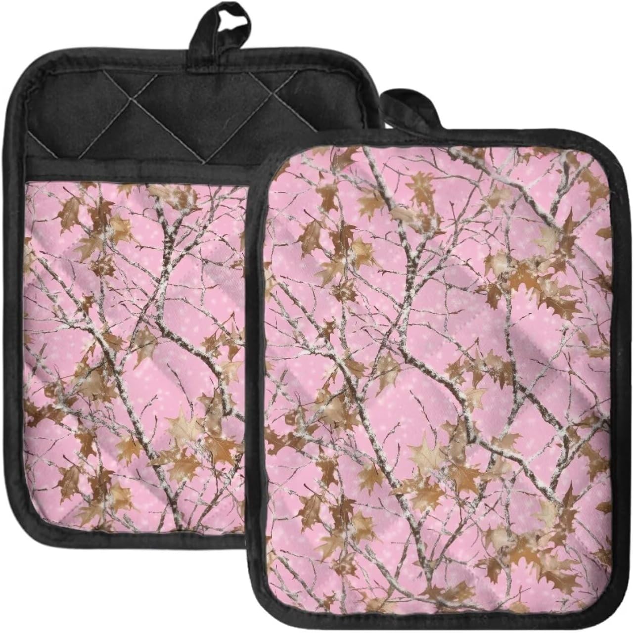 Camo Trees Pot Holders with Pocket Kitchen Heat Resistant Pink Hot Pads 2 Piece Non-Slip Potholders Oven Mitts Kitchen Gloves Cooking Bag