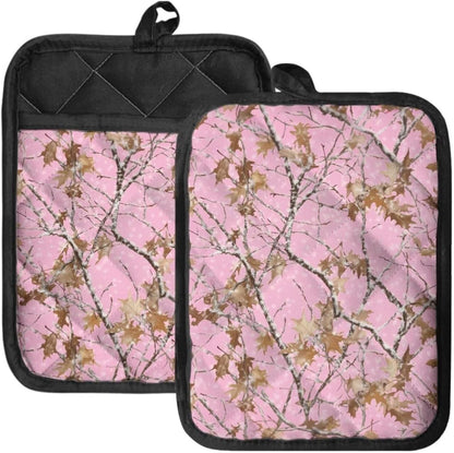 Camo Trees Pot Holders with Pocket Kitchen Heat Resistant Pink Hot Pads 2 Piece Non-Slip Potholders Oven Mitts Kitchen Gloves Cooking Bag