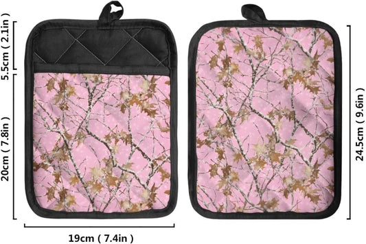 Camo Trees Pot Holders with Pocket Kitchen Heat Resistant Pink Hot Pads 2 Piece Non-Slip Potholders Oven Mitts Kitchen Gloves Cooking Bag