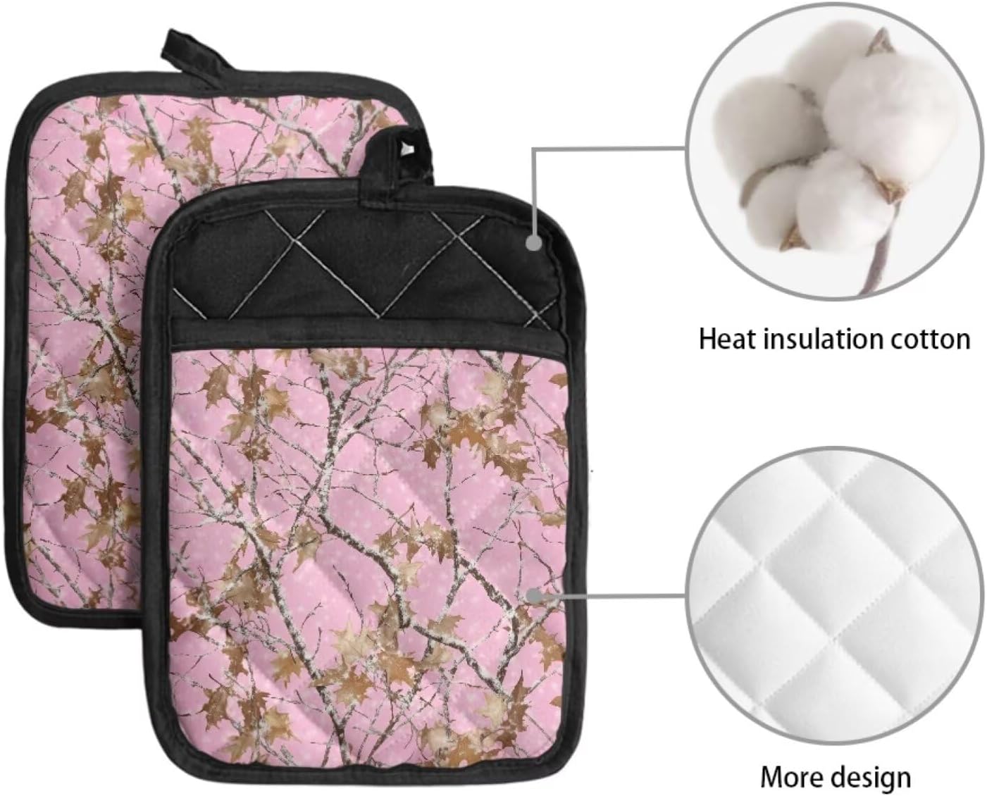 Camo Trees Pot Holders with Pocket Kitchen Heat Resistant Pink Hot Pads 2 Piece Non-Slip Potholders Oven Mitts Kitchen Gloves Cooking Bag