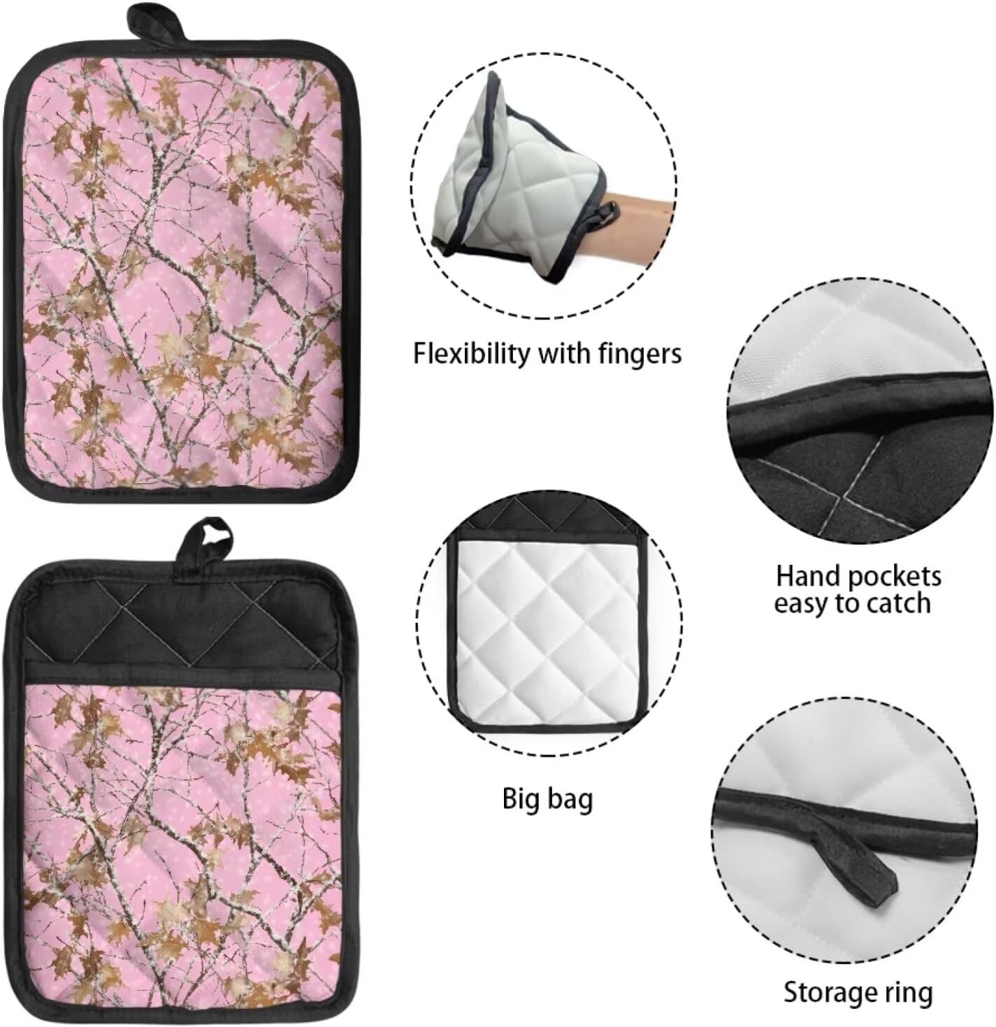 Camo Trees Pot Holders with Pocket Kitchen Heat Resistant Pink Hot Pads 2 Piece Non-Slip Potholders Oven Mitts Kitchen Gloves Cooking Bag