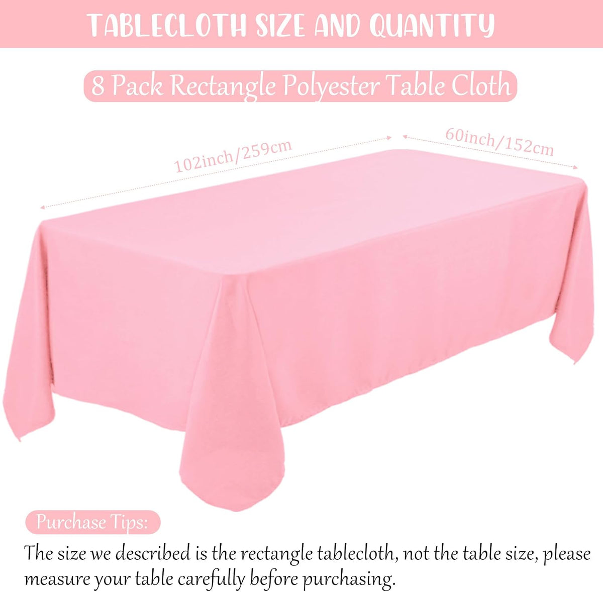 8 Pack Premium Pink Tablecloth 60 x 102 Inch, Rectangle Table Clothes for 6 Foot Rectangle Tables Washable Polyester Fabric Table Covers for Wedding Party Reception Banquet Buffet