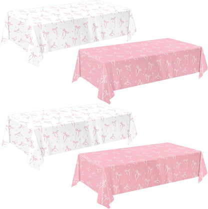 QIYANPAX 4 Pack Pink Bow Tablecloth, Coquette Birthday Decorations, Bow Disposable Table Cover for Wedding Engagement Bridal Birthday Decorations, 54 x 108 Inch