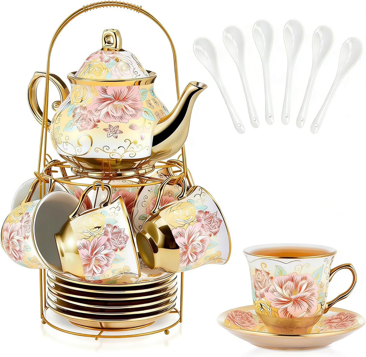 20 Pcs Porcelain Tea Set with Metal Holder, European Ceramic Tea Set for Adults, Antique Enamel Tea Cup Saucer Set for Party, Coffee Tea Gift Sets with Pink Flower Painting (Pink Enamel)
